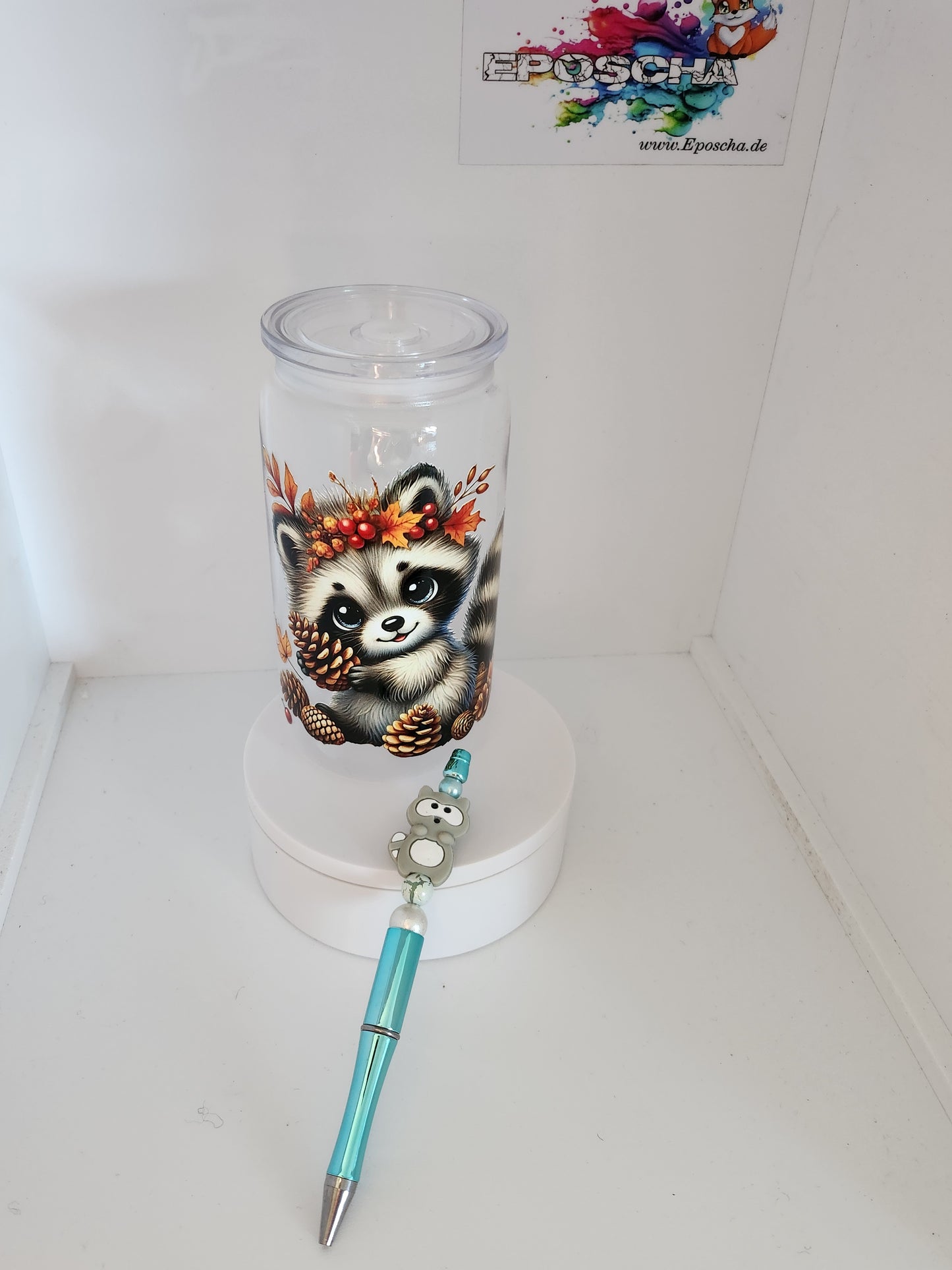 Trinkbecher + Kugelschreiber set waschbär