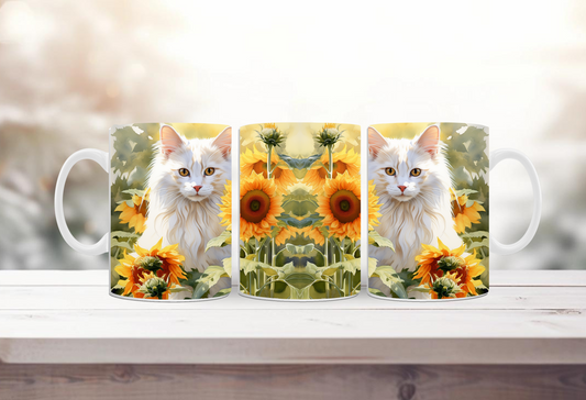 Weiße Katze- Sonnenblumen
