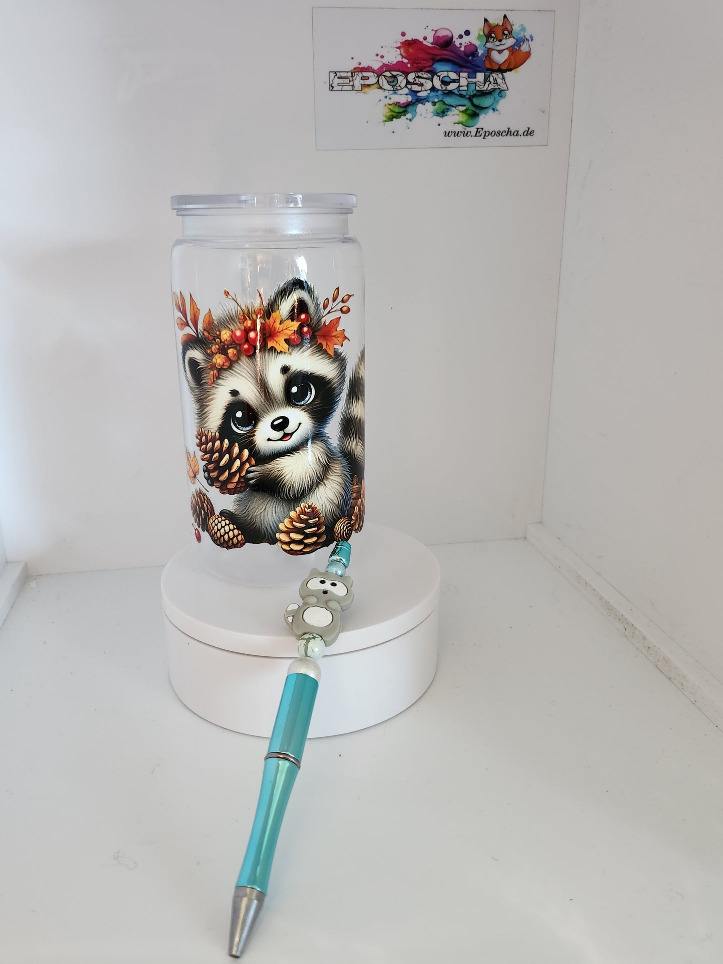 Trinkbecher + Kugelschreiber set waschbär