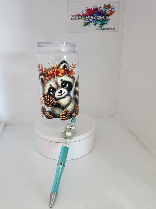 Trinkbecher + Kugelschreiber set waschbär